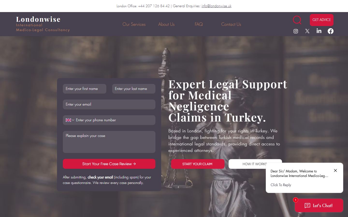 Londonwise home page: case enquiry form on the left, service headline on the right